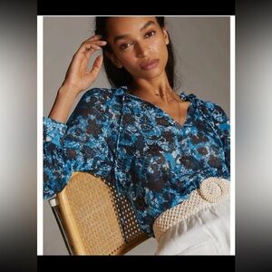 Anthropologie Sheer Printed Peasant Blouse Blue Floral Ruffles size Small